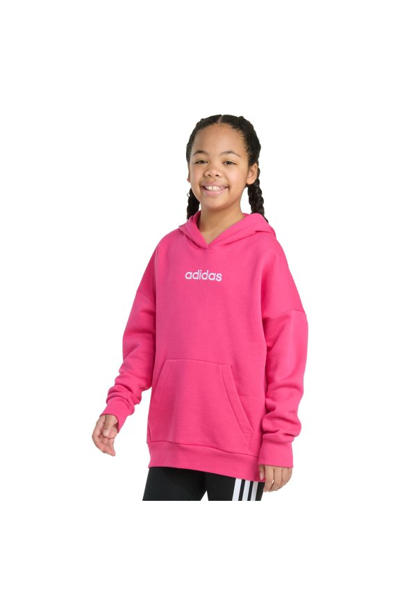 Girls adidas Long Sleeve Embroidered Fleece Pullover Hoodie Color: Shock Pink Size: MEDIUM