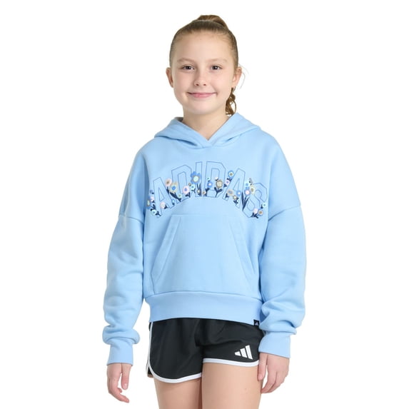 Girls adidas Long Sleeve Graphic Fleece Pullover Hoodie Color: Light Blue Size: MEDIUM