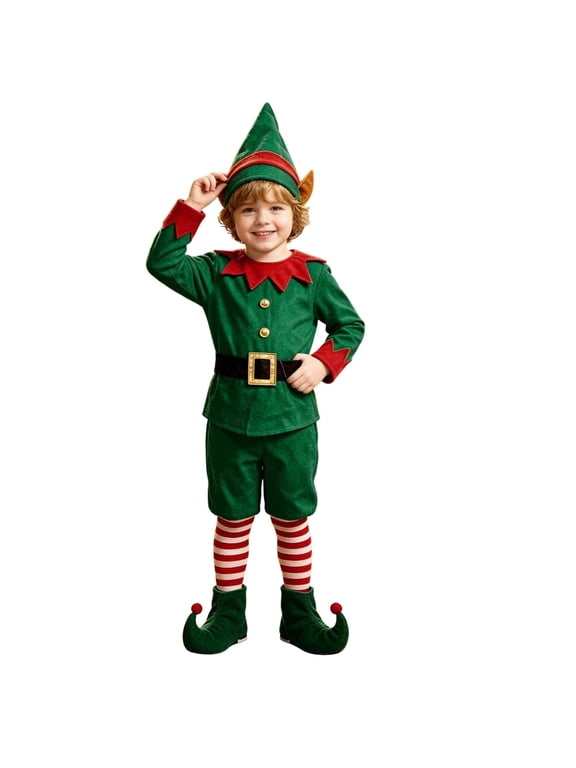 Girls and Boys Christmas Elf Outfit Dress Festive Snug Long Sleeve with Belt Holiday Dress Outfit,Green