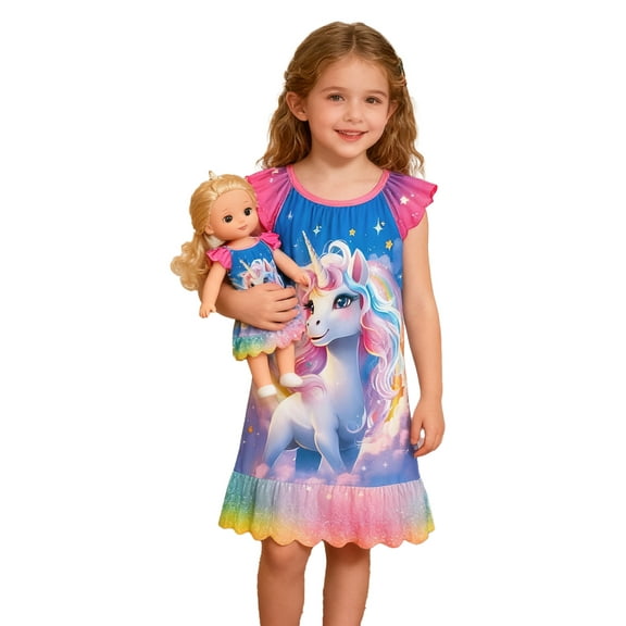 Girls Princess Nightgown Set with Matching Doll Pajamas | Flutter Sleeve Sleep Dress Cartoon Unicorns for Kids 3-10Y | Cute Birthday Gift & Daily Wear