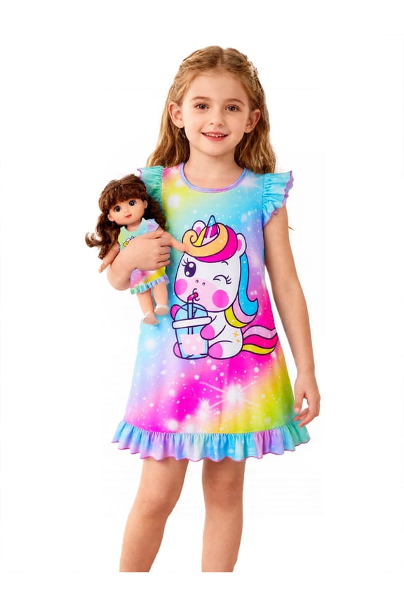 Girls Princess Nightgown Set with Matching Doll Pajamas | Flutter Sleeve Sleep Dress Cartoon Unicorns for Kids 3-10Y | Cute Birthday Gift & Daily Wear