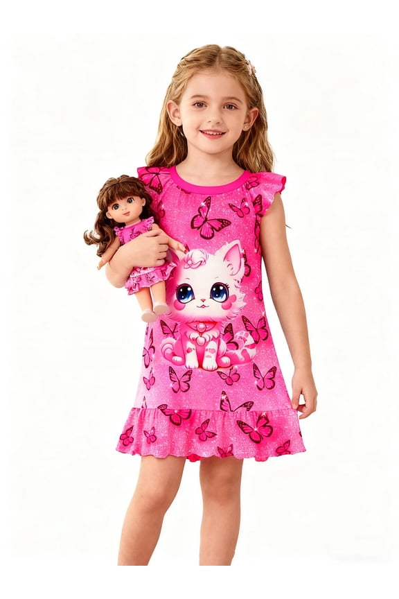 Girls Princess Nightgown Set with Matching Doll Pajamas | Flutter Sleeve Sleep Dress Cartoon Cat for Kids 3-10Y | Cute Birthday Gift & Daily Wear