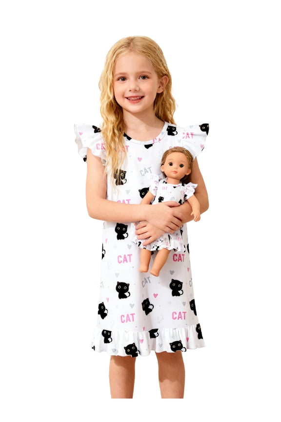 Girls Princess Nightgown Set with Matching Doll Pajamas | Flutter Sleeve Sleep Dress Cartoon Cat for Kids 3-10Y | Cute Birthday Gift & Daily Wear