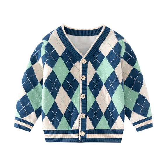 Girls and Toddler Sweaters Button Up Long Sleeve Soft Knit Cardigan Sweater 1-8T Geometric Pattern Jacket Outwear (3 Years, Dark Blue)