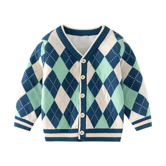 Girls and Toddler Sweaters Button Up Long Sleeve Soft Knit Cardigan Sweater 1-8T Geometric Pattern Jacket Outwear (7 Years, Dark Blue)