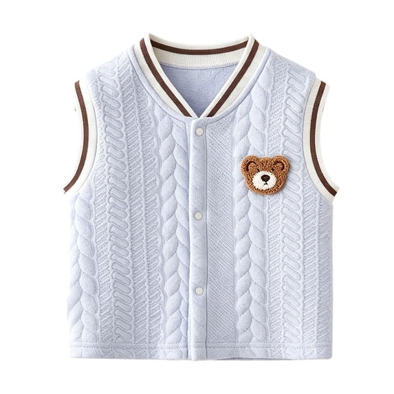 Girls and Toddlers' Vest Sleeveless Toddler Cable Knit Fleece Lined Waistcoat Cute Bear Patch V Neck Button Down Warm Gilet
