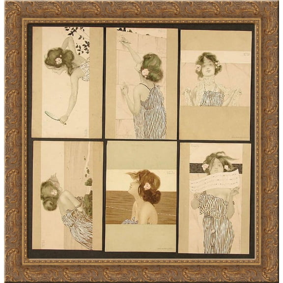 Girls between brown-green borders 24x18 Gold Ornate Wood Framed Canvas Art by Raphael Kirchner