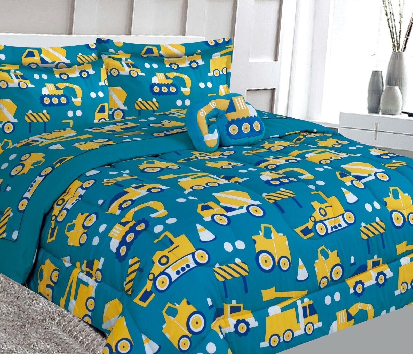 Girls and boys bed in bag complete set in twin size super soft easy wash kids bedding décor comforter, sheet set , pillow toy , pillow sham excavator truck cartoon