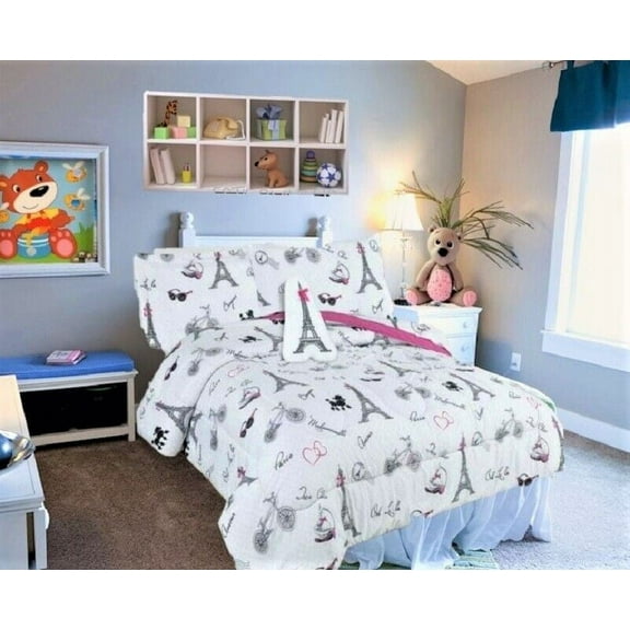 Girls and boys bed in bag complete set in twin size super soft easy wash kids bedding dcor comforter , sheet set , pillow toy , pillow sham paris eiffel tower cartoon