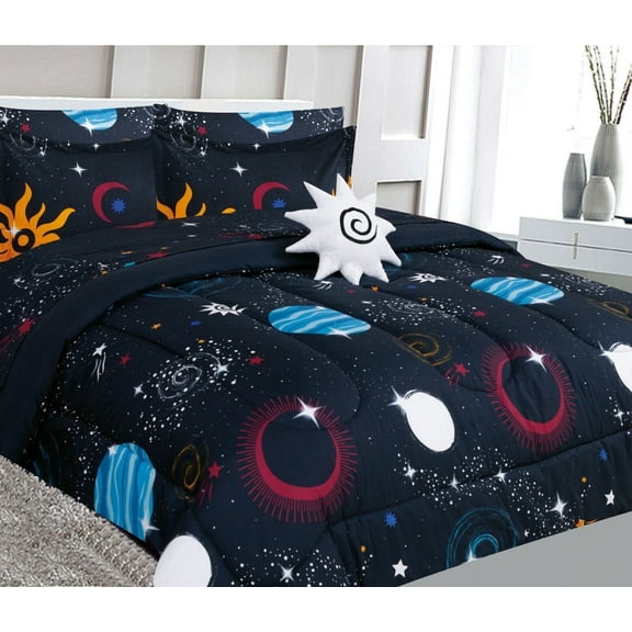 Girls and boys bed in bag complete set in twin size super soft easy wash kids bedding dcor comforter , sheet set , pillow toy , pillow sham space #2 planets cartoon
