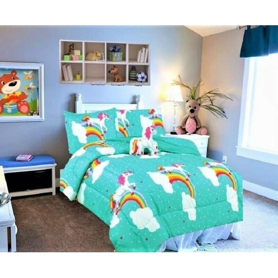 Girls and boys bed in bag complete set in twin size super soft easy wash kids bedding décor comforter , sheet set , pillow toy , pillow sham unicorn blue cartoon