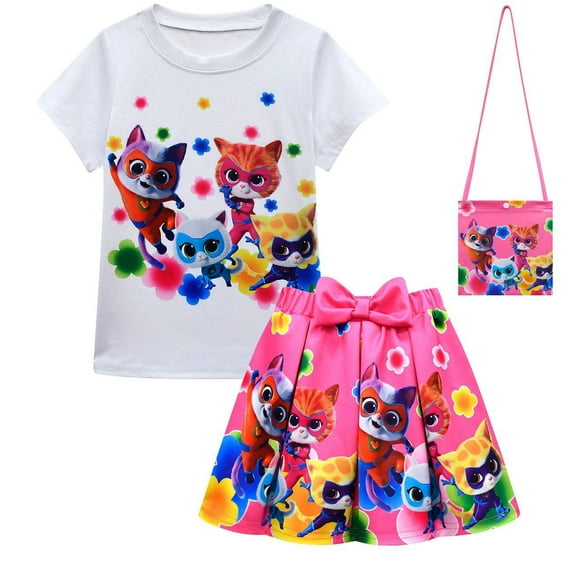 Girls' dress and children's SuperKitties fashion dress three piece set, short sleeved T-shirt+pleated skirt+bag set, suitable for children aged 3-10