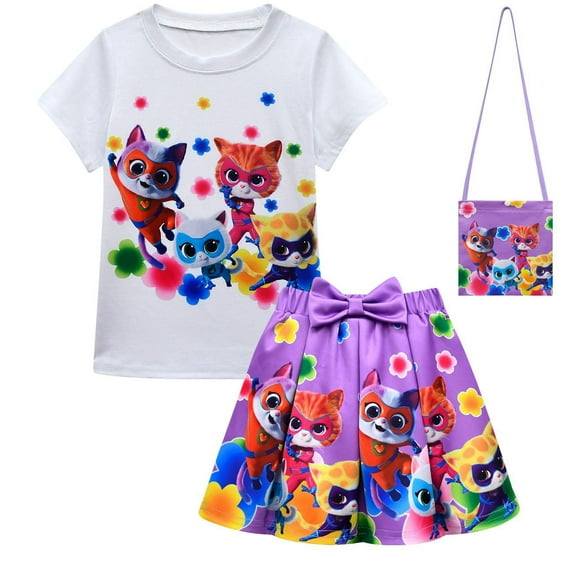 Girls' dress and children's SuperKitties fashion dress three piece set, short sleeved T-shirt+pleated skirt+bag set, suitable for children aged 3-10