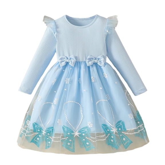 Girls formal Dress Cute Fashion Long Sleeve Crewneck A Line Princess Dresses with Bowknot Size 3-10