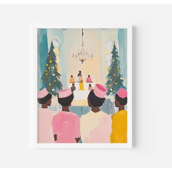Girls in Church Art Poster PinkDecor , Winter Festive Print, Unframed Poster Size 24x36 F03.1.19l502