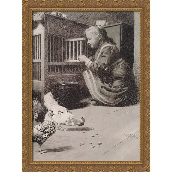 Girls in henhouse 28x38 Large Gold Ornate Wood Framed Canvas Art by Koloman Moser