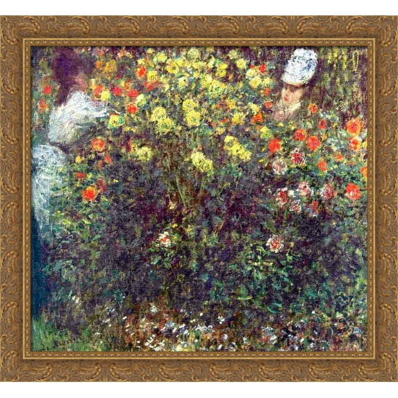 Girls in the Garden 30x28 Large Gold Ornate Wood Framed Canvas Art by Claude Monet
