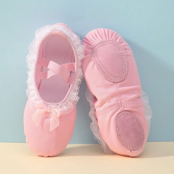 Girls' lace ballet shoes Children's dance shoes with soft soles adult training cat claw shoes yoga shoes Ballet slippers pink (Twill lace meat pink,29)