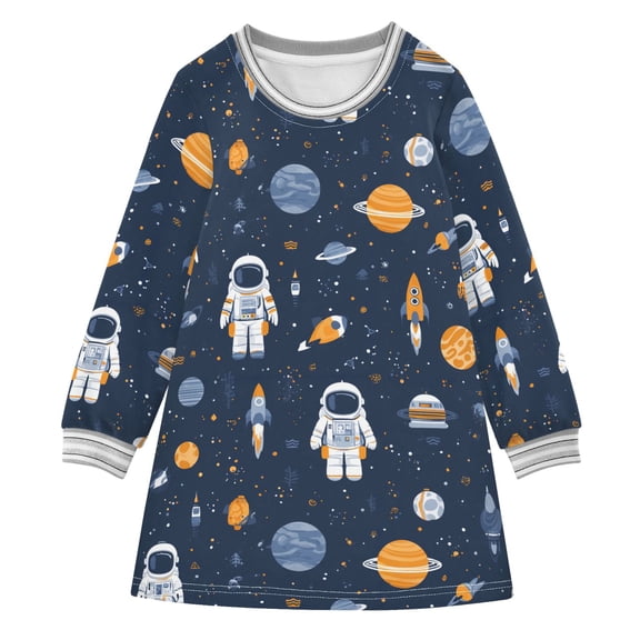 Girls' long-sleeved dress Astronaut Star Girls' A-line dress with ribbed cuffs Soft and comfortable