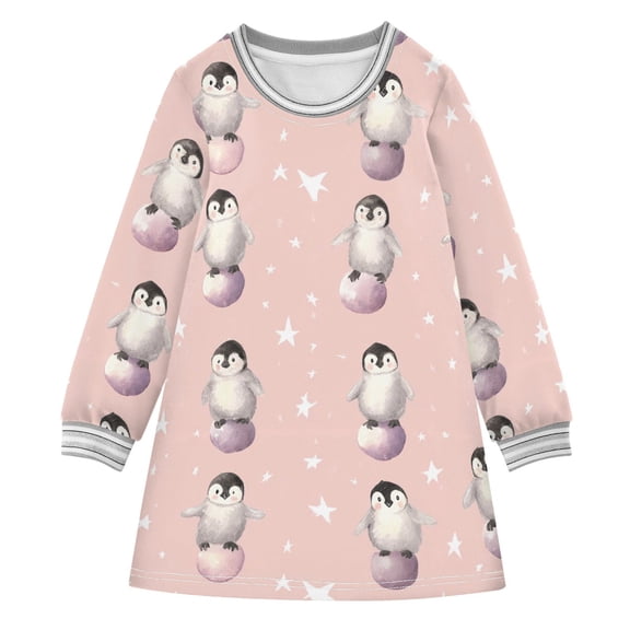 Girls' long-sleeved dress Baby Penguin Girls' A-line dress with ribbed cuffs Soft and comfortable