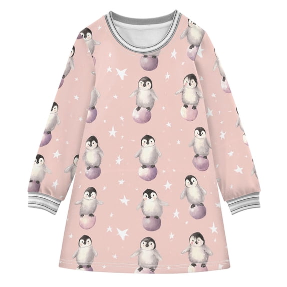 Girls' long-sleeved dress Baby Penguin Girls' A-line dress with ribbed cuffs Soft and comfortable