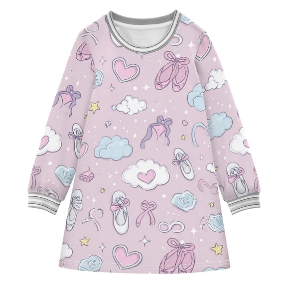 Girls' long-sleeved dress Ballet Shoes and Ribbon Girls' A-line dress with ribbed cuffs Soft and comfortable