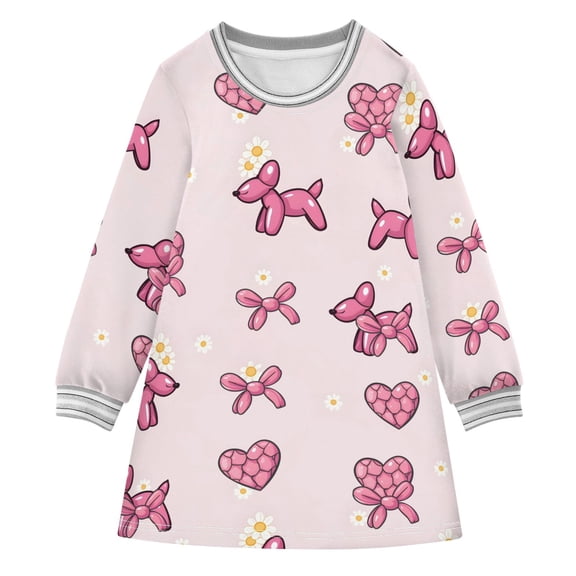 Girls' long-sleeved dress Balloon Daisy Dog Pattern Girls' A-line dress with ribbed cuffs Soft and comfortable