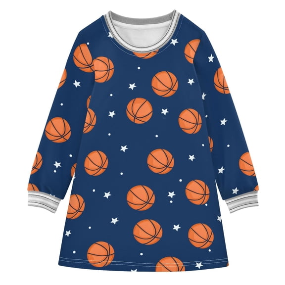 Girls' long-sleeved dress Basketball Star Girls' A-line dress with ribbed cuffs Soft and comfortable