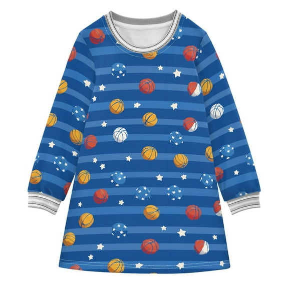 Girls' long-sleeved dress Basketball and Stars Girls' A-line dress with ribbed cuffs Soft and comfortable