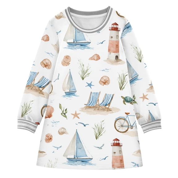 Girls' long-sleeved dress Beach Elements Girls' A-line dress with ribbed cuffs Soft and comfortable