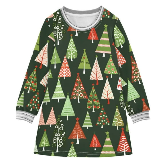 Girls' long-sleeved dress Beutiful Green Tree Girls' A-line dress with ribbed cuffs Soft and comfortable