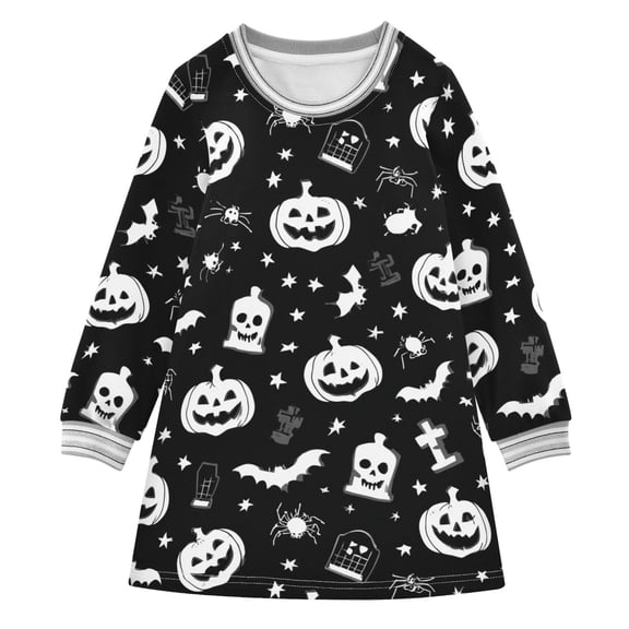 Girls' long-sleeved dress Black and White Halloween Elements Girls' A-line dress with ribbed cuffs Soft and comfortable