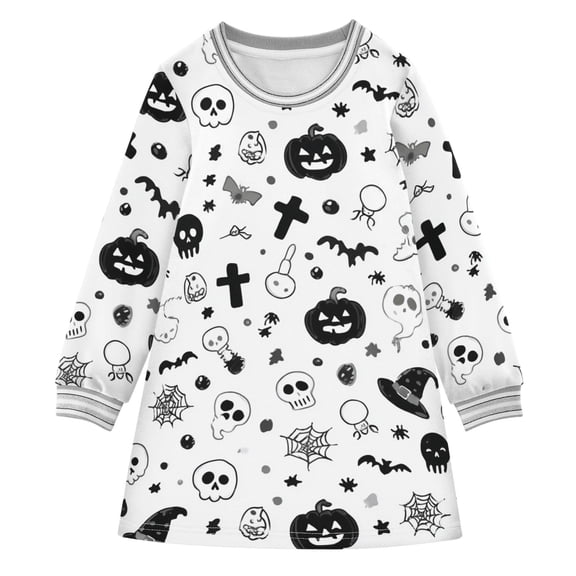 Girls' long-sleeved dress Black and White Halloween Girls' A-line dress with ribbed cuffs Soft and comfortable