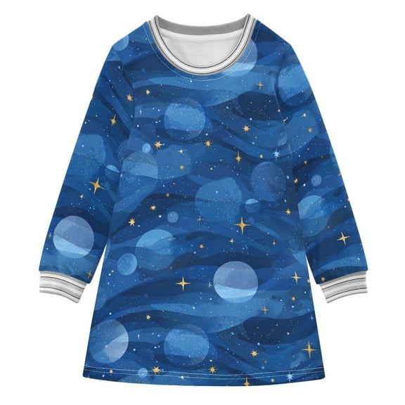 Girls' long-sleeved dress Blue Galaxy Girls' A-line dress with ribbed cuffs Soft and comfortable