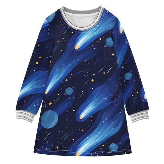 Girls' long-sleeved dress Blue Outer Space Girls' A-line dress with ribbed cuffs Soft and comfortable