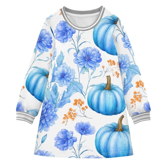 Girls' long-sleeved dress Blue Pumpkin Flowers Girls' A-line dress with ribbed cuffs Soft and comfortable