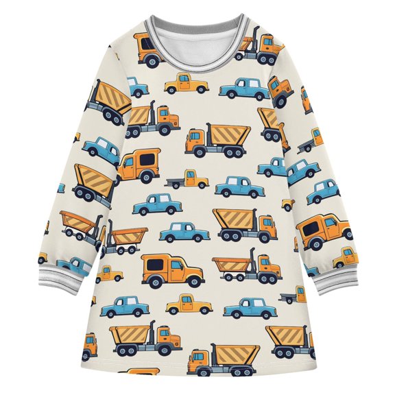 Girls' long-sleeved dress Blue Yellow Car Truck Girls' A-line dress with ribbed cuffs Soft and comfortable