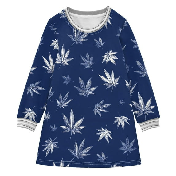 Girls' long-sleeved dress Blue and White Leaves Girls' A-line dress with ribbed cuffs Soft and comfortable
