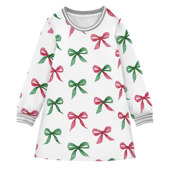 Girls' long-sleeved dress Bow Red and Green Girls' A-line dress with ribbed cuffs Soft and comfortable