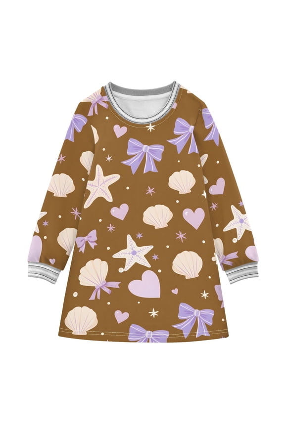 Girls' long-sleeved dress Bow Shell Girls' A-line dress with ribbed cuffs Soft and comfortable