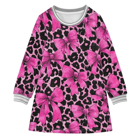Girls' long-sleeved dress Bow and Leopard Print Girls' A-line dress with ribbed cuffs Soft and comfortable