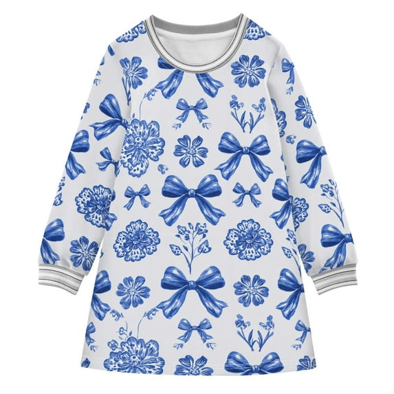Girls' long-sleeved dress Bows Blue and White Flower Girls' A-line dress with ribbed cuffs Soft and comfortable