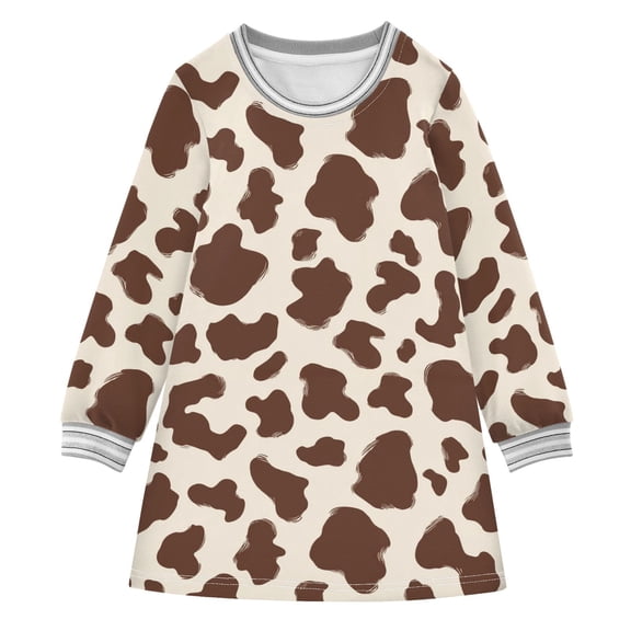 Girls' long-sleeved dress Brown and White Cow Print Spots Girls' A-line dress with ribbed cuffs Soft and comfortable