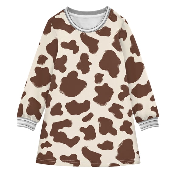 Girls' long-sleeved dress Brown and White Cow Print Spots Girls' A-line dress with ribbed cuffs Soft and comfortable
