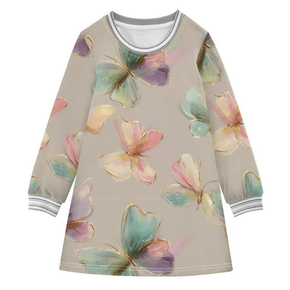 Girls' long-sleeved dress Butterfly Soft Colors Girls' A-line dress with ribbed cuffs Soft and comfortable
