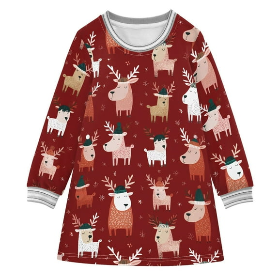 Girls' long-sleeved dress Cartoon Reindeer Girls' A-line dress with ribbed cuffs Soft and comfortable