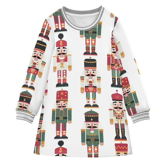 Girls' long-sleeved dress Cartoon Simple Nutcracker Girls' A-line dress with ribbed cuffs Soft and comfortable