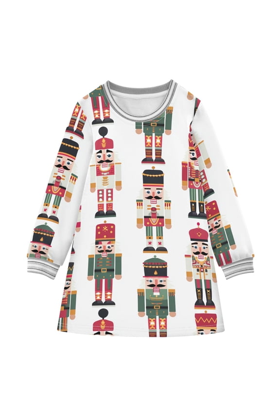 Girls' long-sleeved dress Cartoon Simple Nutcracker Girls' A-line dress with ribbed cuffs Soft and comfortable