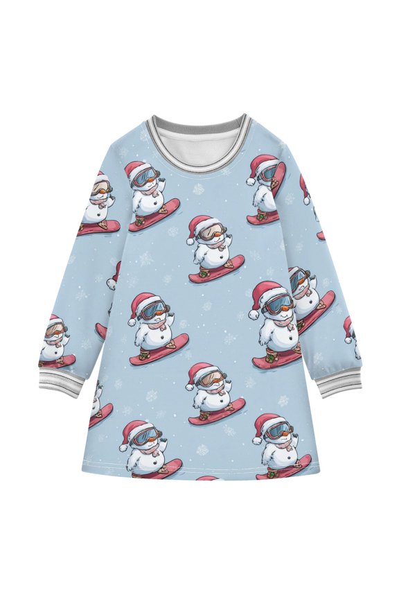 Girls' long-sleeved dress Cartoon Snowman Skiing Girls' A-line dress with ribbed cuffs Soft and comfortable
