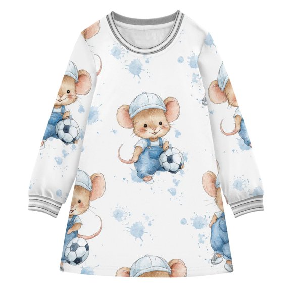 Girls' long-sleeved dress Cartoon Soccer Mouse Girls' A-line dress with ribbed cuffs Soft and comfortable